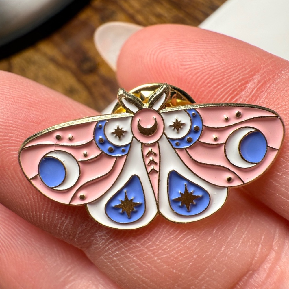 Pink and Blue Enamel Moth Brooch